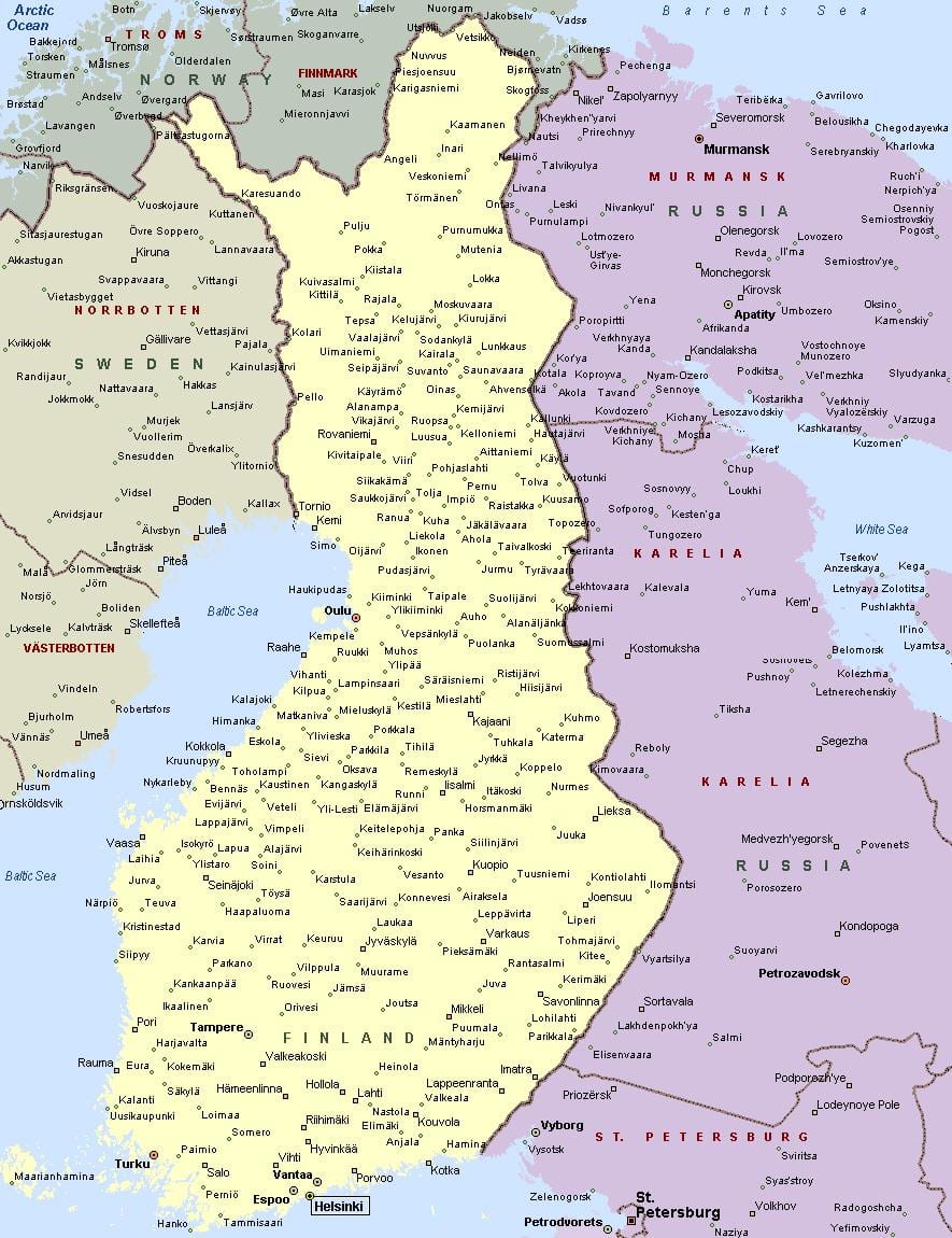 Финландия карта с градовете